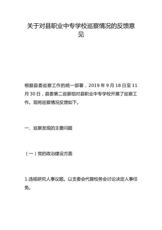 关于对县职业中专学校巡察情况的反馈意见