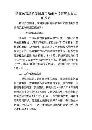 乡镇在民营经济发展及市场主体培育座谈会上的发言