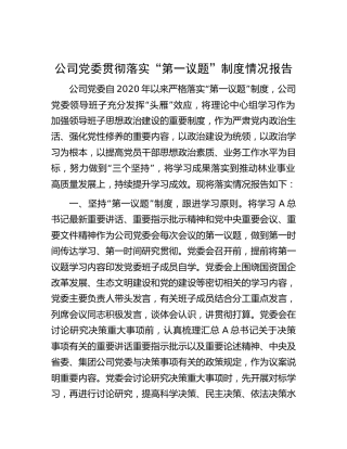 公司贯彻落实“第一议题”制度情况总结报告1800字