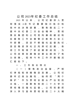 2023年公司纪委工作总结4100字