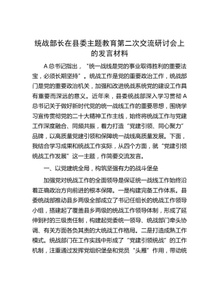 统战部长在主题教育第二次交流研讨会上的发言材料