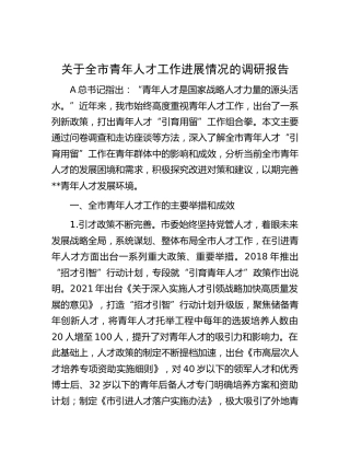 全市青年人才工作进展情况的调研报告