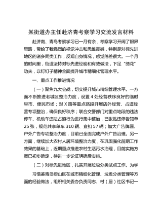 街道办主任赴济青考察学习交流发言