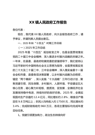 XX镇人民政府工作报告