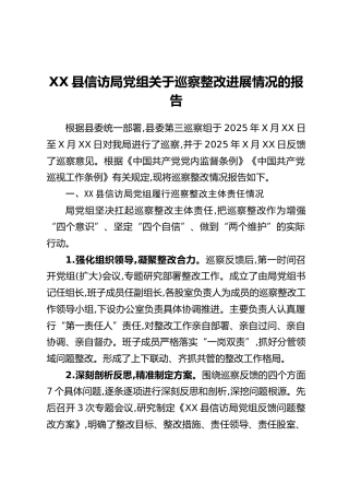 XX县信访局党组关于巡察整改进展情况的报告