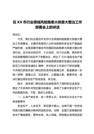 在XX市行业领域风险隐患大排查大整治工作部署会上的讲话