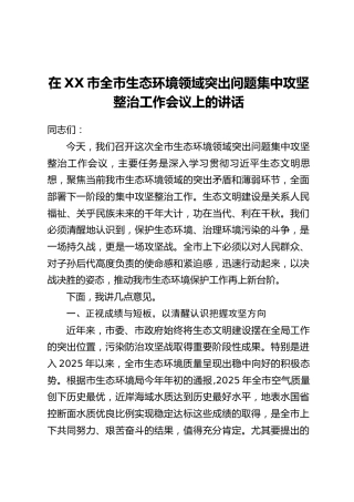在XX市全市生态环境领域突出问题集中攻坚整治工作会议上的讲话