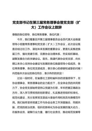 党支部书记在第三届常务理事会暨党支部（扩大）工作会议上致辞