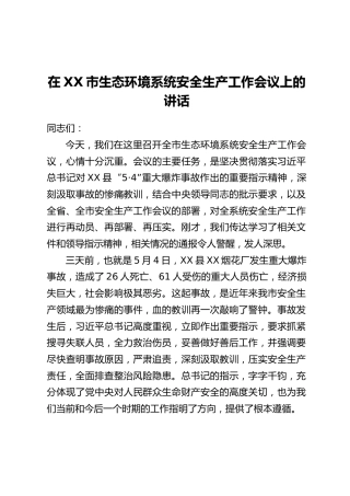 在XX市生态环境系统安全生产工作会议上的讲话