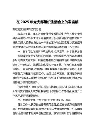 在2025年党支部组织生活会上的发言稿
