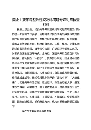 国企主要领导整治违规吃喝问题专项对照检查材料