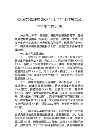 XX应急管理局2026年上半年工作总结及下半年工作计划