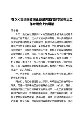 在XX集团国资国企领域突出问题专项整治工作专题会上的讲话