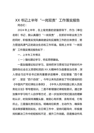 XX书记上半年“一岗双责”工作落实报告