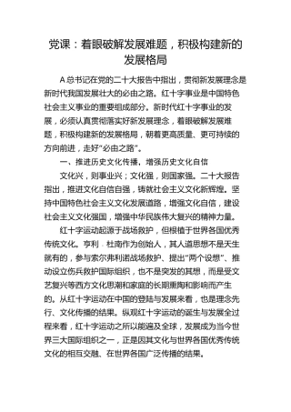 党课：着眼破解发展难题，积极构建新的发展格局（红十字会）