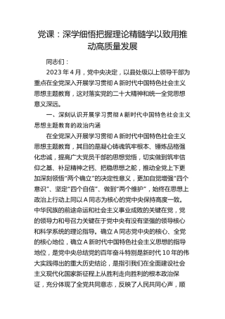 党课：深学细悟把握理论精髓学以致用推动高质量发展