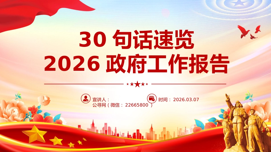 聚焦两会关注民生主题课件讲稿+PPT课件:30句话速览2026政府工作报告_第1页