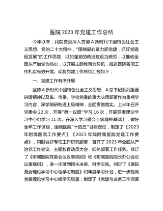 医院2023年党建工作总结3700字