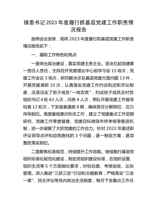 乡镇书记2023年度履行抓基层党建工作职责情况报告3000字（党建述职）