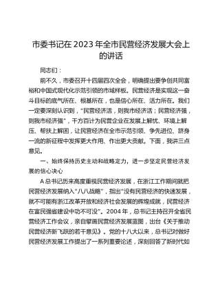 市委书记在2023年全市民营经济发展大会上的讲话