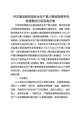 市交通运输领域安全生产重大事故隐患专项排查整治行动实施方案(20230801)