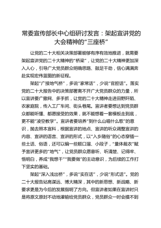 宣传部长中心组研讨发言：架起宣讲党的大会精神的“三座桥”