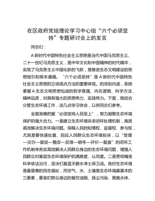 在区政府党组理论学习中心组“六个必须坚持”专题研讨会上的发言