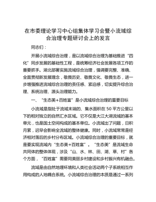 中心组集体学习会暨小流域综合治理专题研讨会上的发言