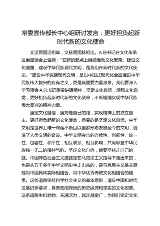 宣传部长中心组研讨发言：更好担负起新时代新的文化使命