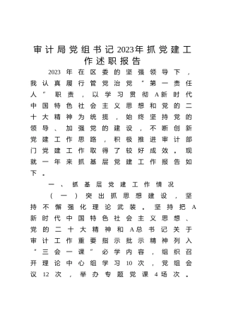 审计系统书记2023年抓党建述职报告3400字