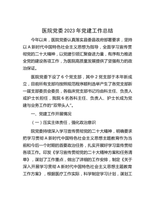 医院2023年党建工作总结4300字