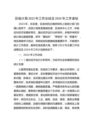 区统计局2023年工作总结及2024年工作谋划
