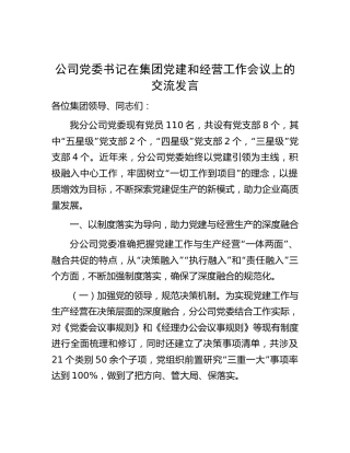 公司党委书记在党建和经营工作会议上的交流发言（党建融合经验总结）