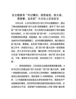 在主题教育“牢记嘱托、感恩奋进、挑大梁，勇登攀、走在前”大讨论上交流发言3100字