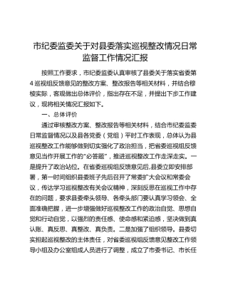 市纪委监委关于对县委落实巡视整改情况日常监督工作情况总结汇报（巡察）