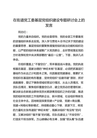 在街道党工委基层党组织建设专题研讨会上的发言