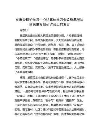 中心组集体学习会议暨基层协商民主专题研讨会上的发言