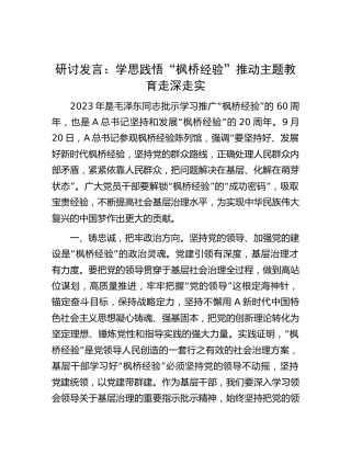 研讨交流发言：学思践悟“枫桥经验” 推动主题教育走深走实1400字