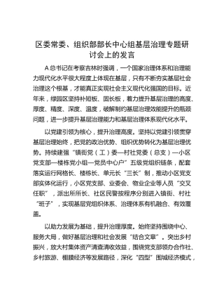 组织部部长中心组基层治理专题研讨会上的发言