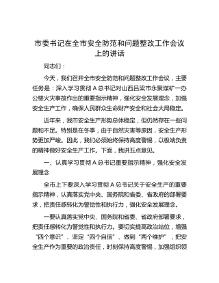 市委书记在全市安全防范和问题整改工作会议上的讲话