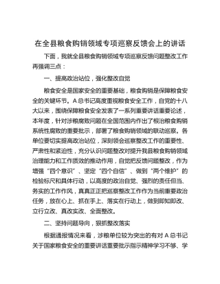 在全县粮食购销领域专项巡察反馈会上的讲话