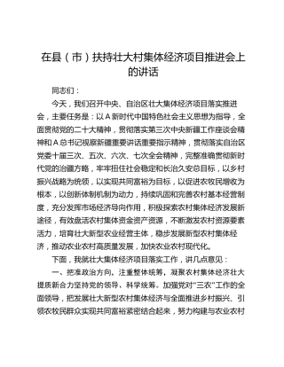 在县（市）扶持壮大村集体经济项目推进会上的讲话