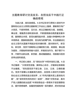 主题教育研讨发言：在担当实干中践行正确政绩观
