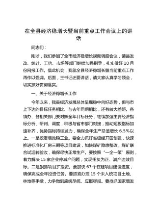 在全县经济稳增长暨当前重点工作会议上的讲话
