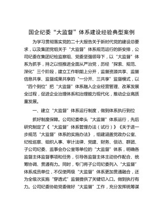 国企公司纪委“大监督”体系建设经验典型案例
