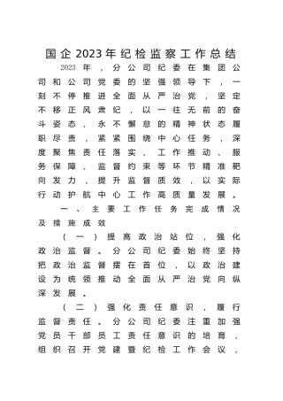 国企公司2023年纪检监察工作总结2600字