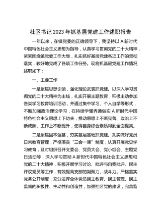 社区书记2023年抓基层党建工作述职报告1700字