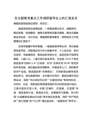 在主题教育重点工作调研督导会上的汇报发言（县区总结）