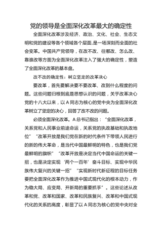 党课ppt+讲稿：党的领导是全面深化改革最大的确定性（3000字，22张）