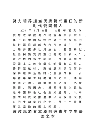 教育系统学校党课：努力培养担当民族复兴重任的新时代爱国新人（2500字，20张）